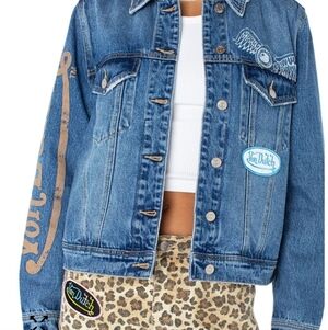 Von Dutch Blue Denim Trucker Patch Jacket with Sleeve Lettering Y2K Look